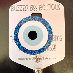Evil eye symbol of protection good luck name badge reel ID holder